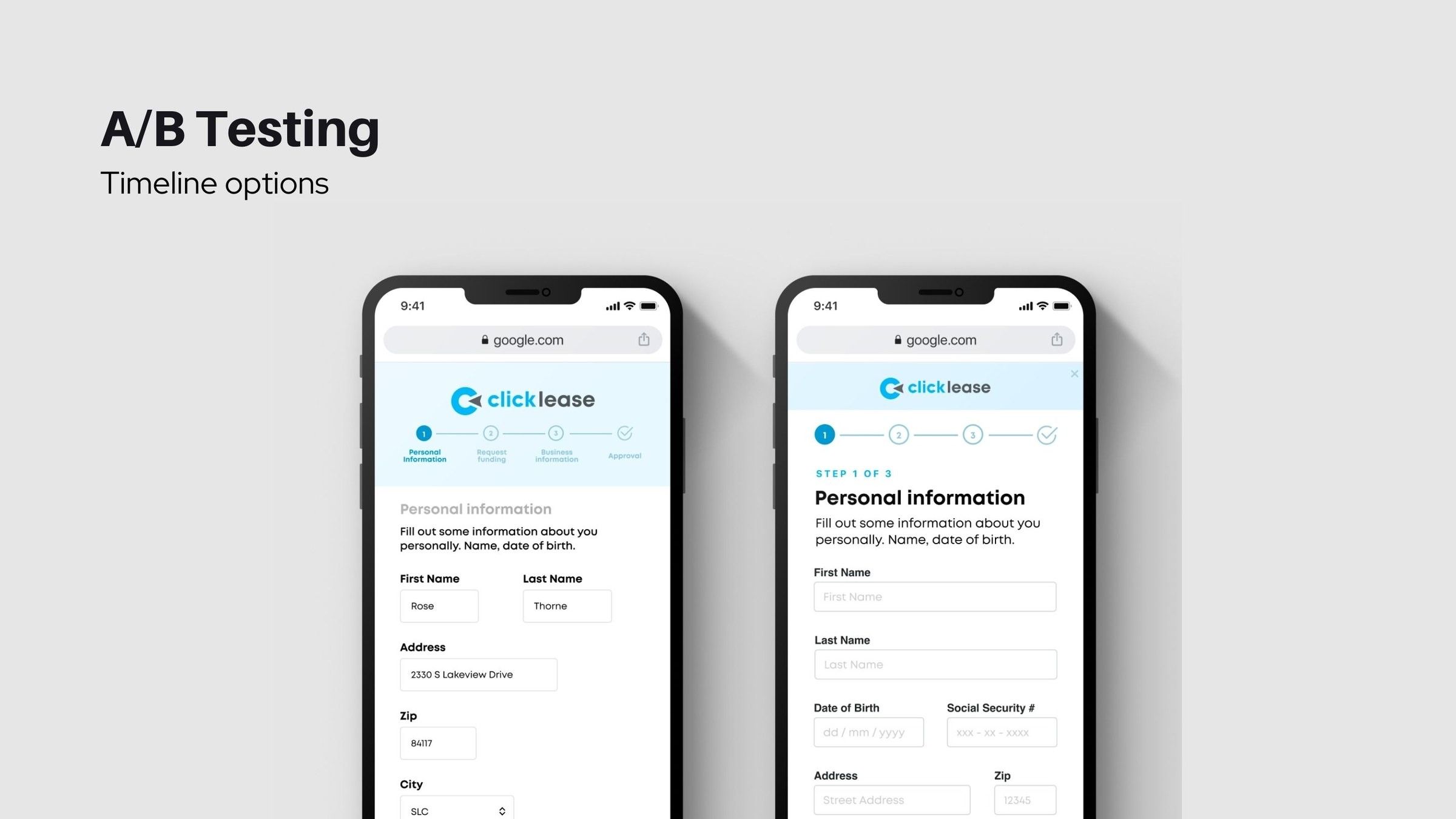 Two phone mockups of the application’s personal information step, used as A/B test variants for timeline options.