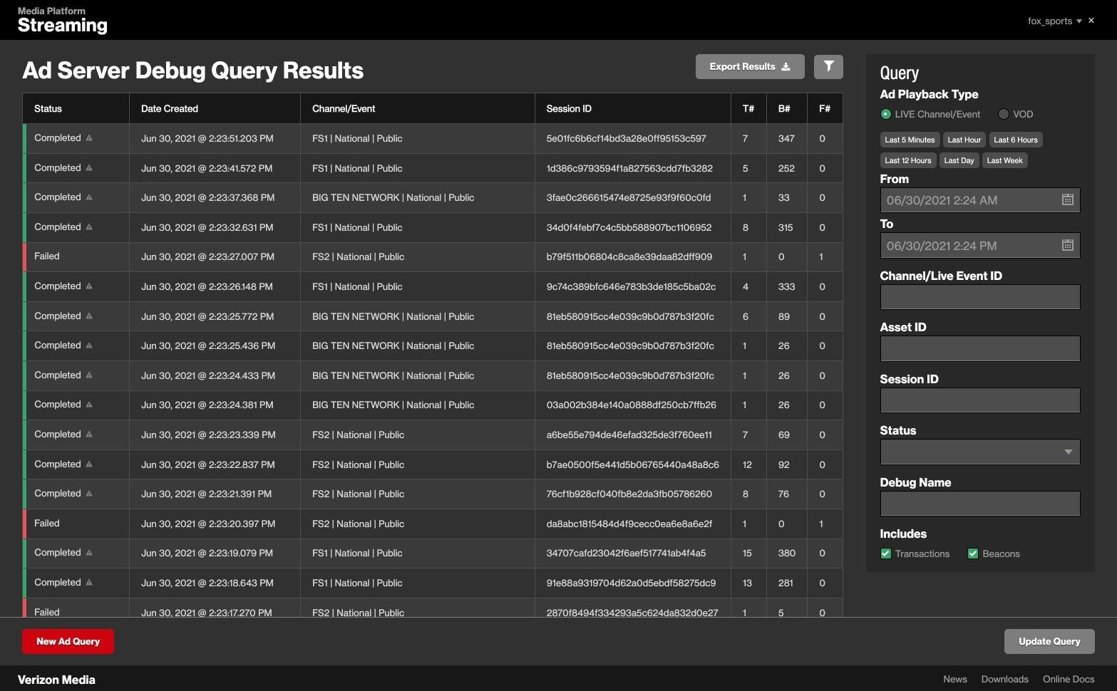 Ad server debug query results listing ad jobs with status, channel and session.