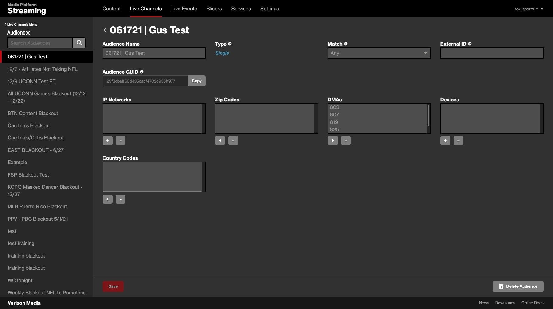Audience editor with fields for IP networks, zip codes, DMAs, devices and country codes.