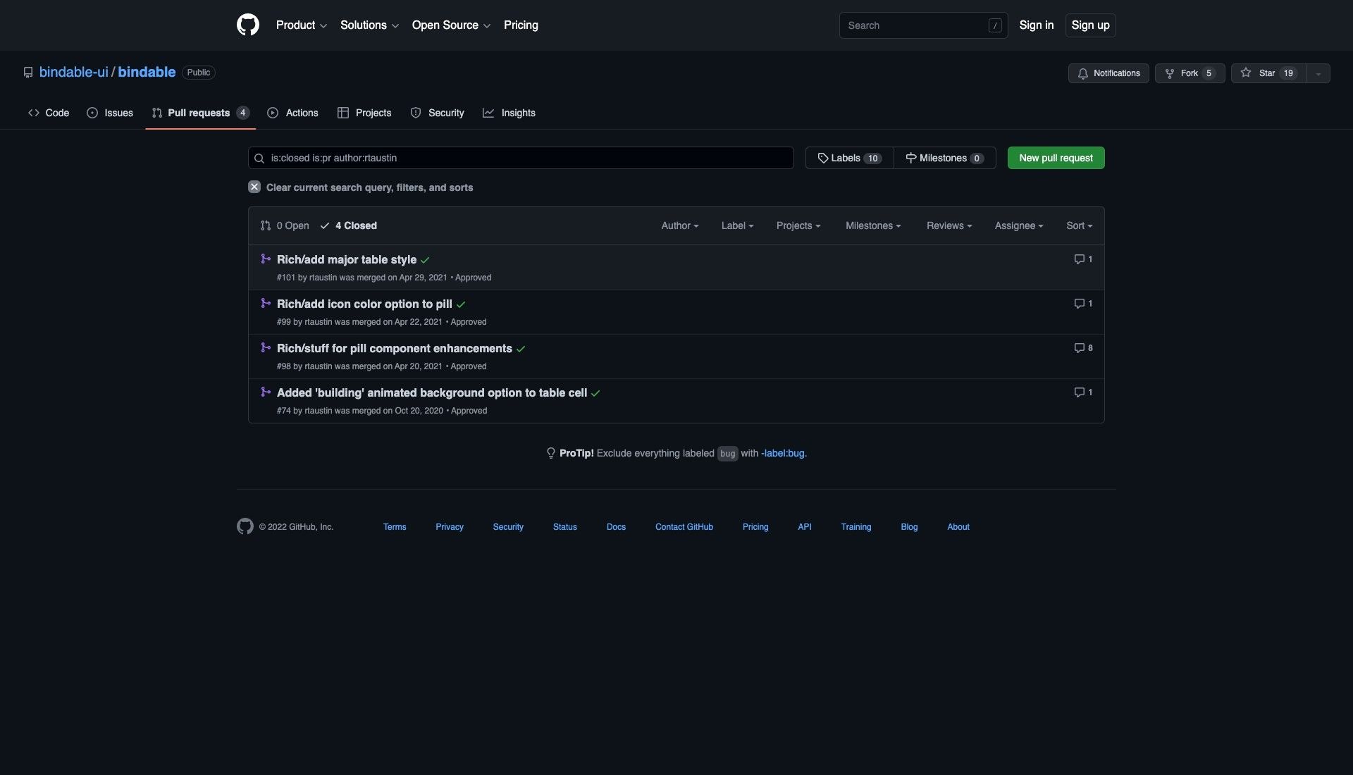 GitHub pull requests on the Bindable repo by Richard: major table style, icon color option for pill, pill component enhancements, and a loading animated background option for table cells.