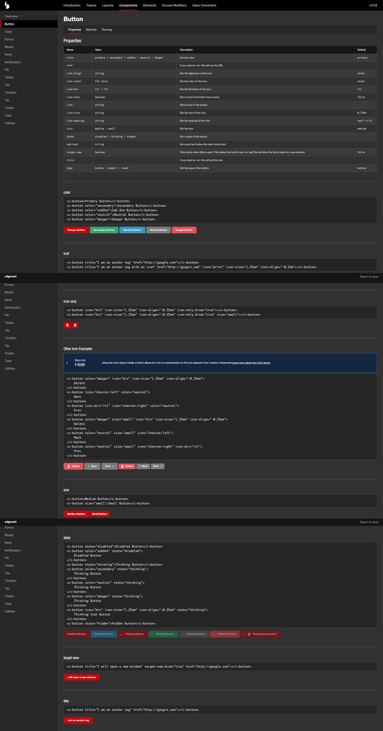 Bindable button component documentation with properties and variations.