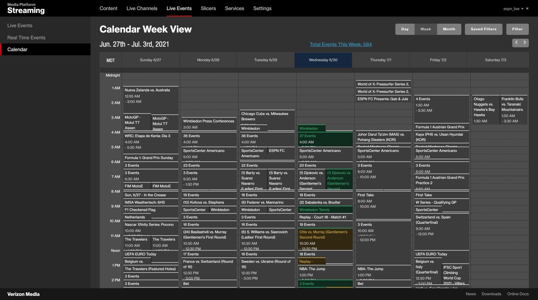 Live events week calendar densely packed with scheduled sports events.