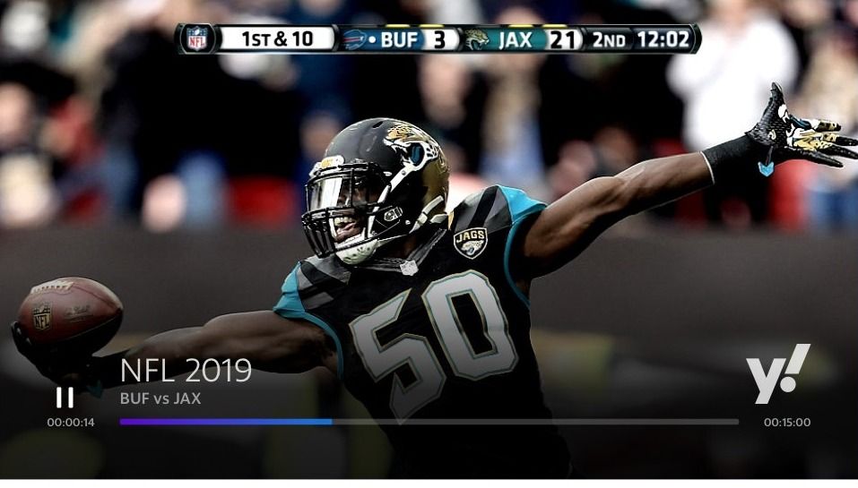Yahoo Chromecast paused state over an NFL game, with a minimal progress bar.