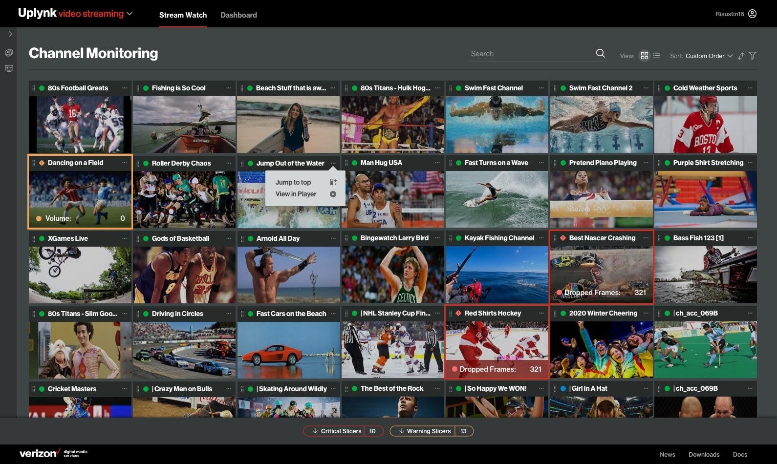 Channel monitoring wall: a grid of live channel thumbnails with healthy, warning and critical indicators.
