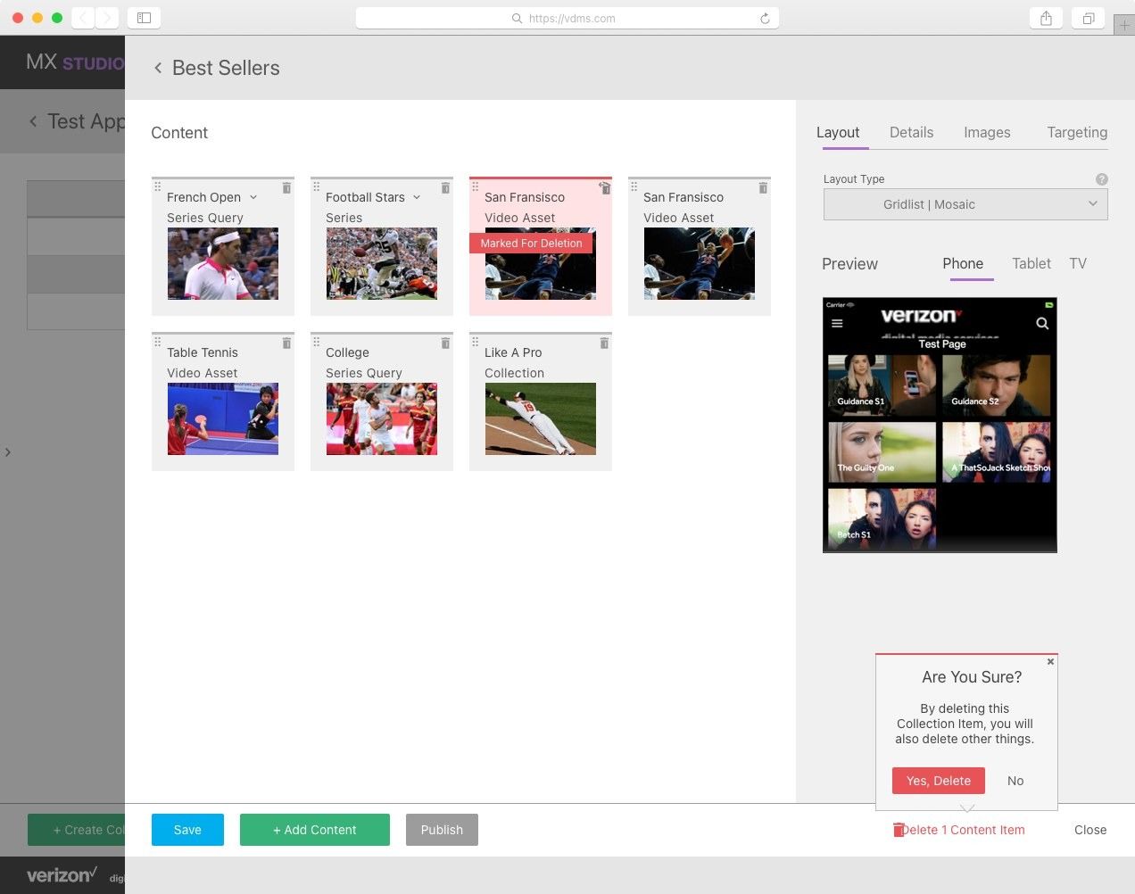 MX Studio app page builder: content collection tiles, layout options and a live device preview.