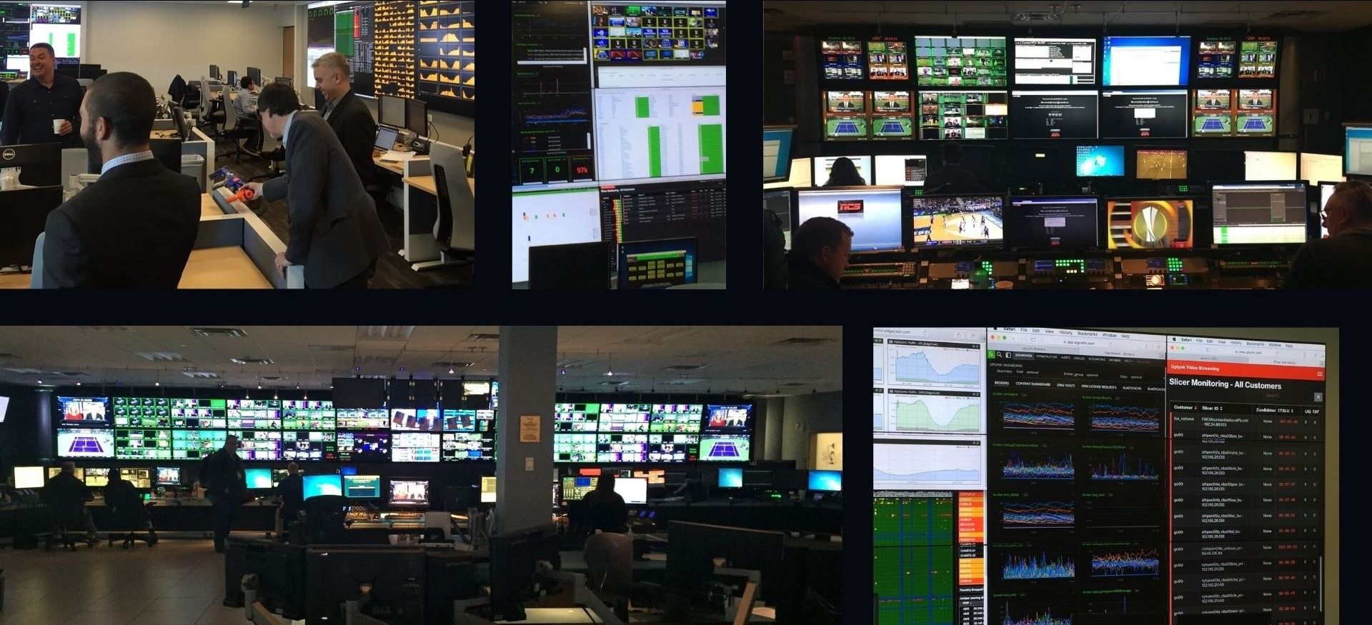 Five photos of broadcast operations rooms: walls of monitors showing live channels, monitoring dashboards and people at control desks.