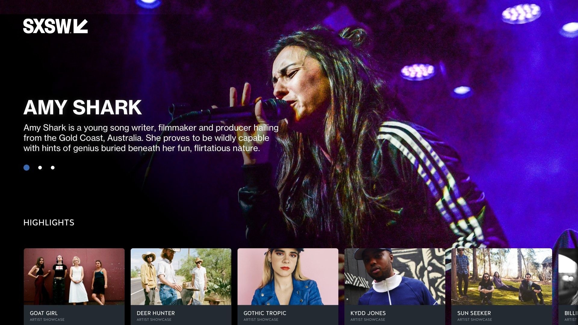 MX Studio TV template for a SXSW demo channel — a full-bleed artist hero with description and a row of highlight thumbnails.