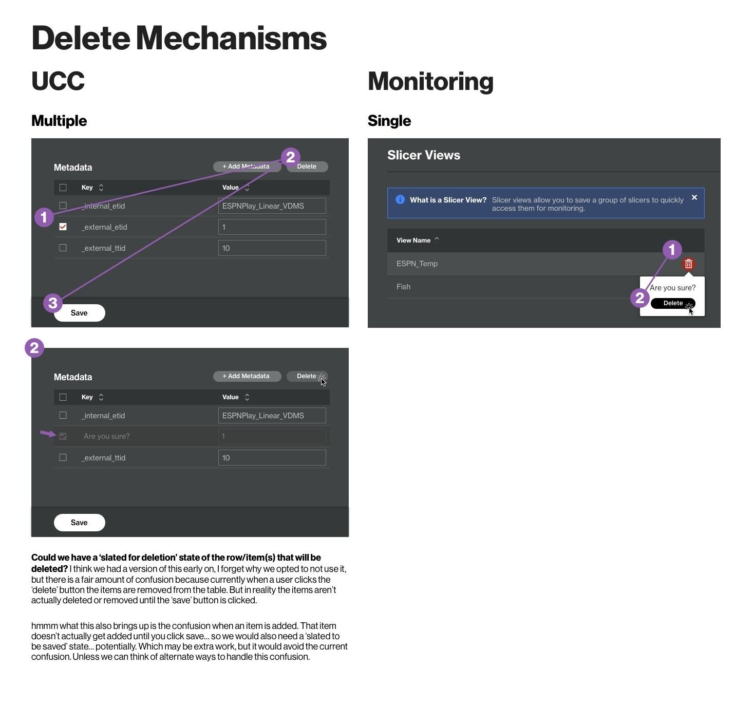 Annotated comparison of delete mechanisms in UCC (multiple rows, saved later) and Monitoring (single item, immediate), with written notes proposing a ‘slated for deletion’ state.