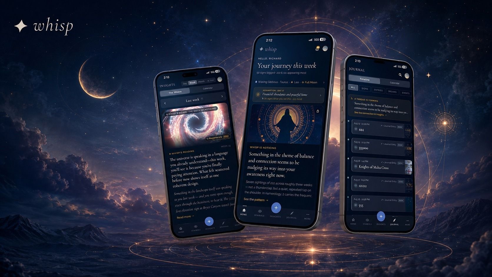 Three Whisp screens floating over a night sky — a weekly reading, the home screen with “Your journey this week”, and the journal timeline.