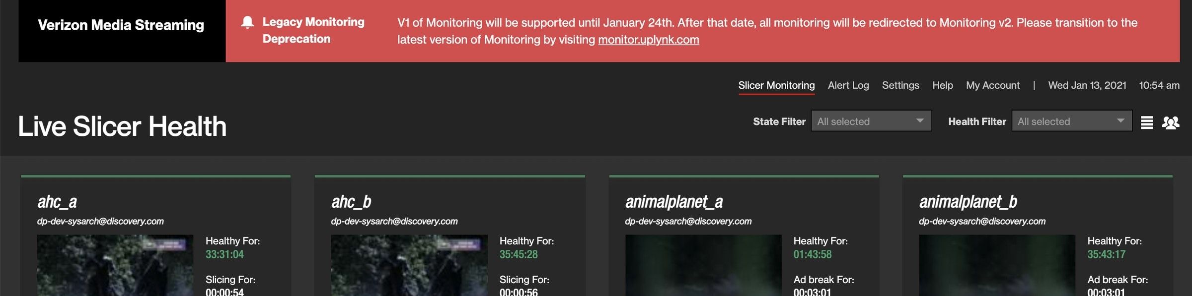 Legacy monitoring deprecation banner, option 1: a large red banner across the top of Live Slicer Health.