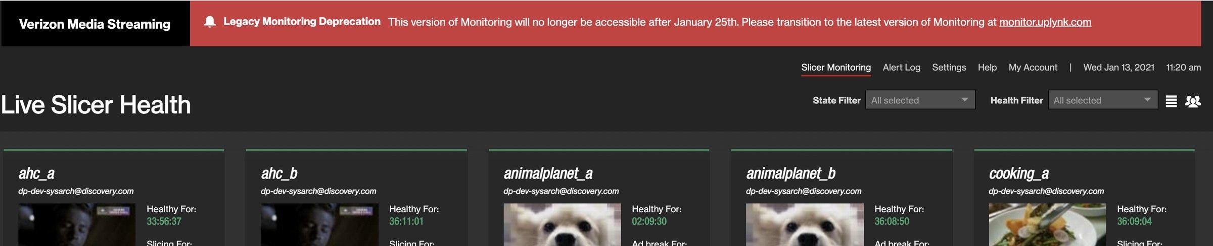 Legacy monitoring deprecation banner, option 2: a slimmer red notice in the header.