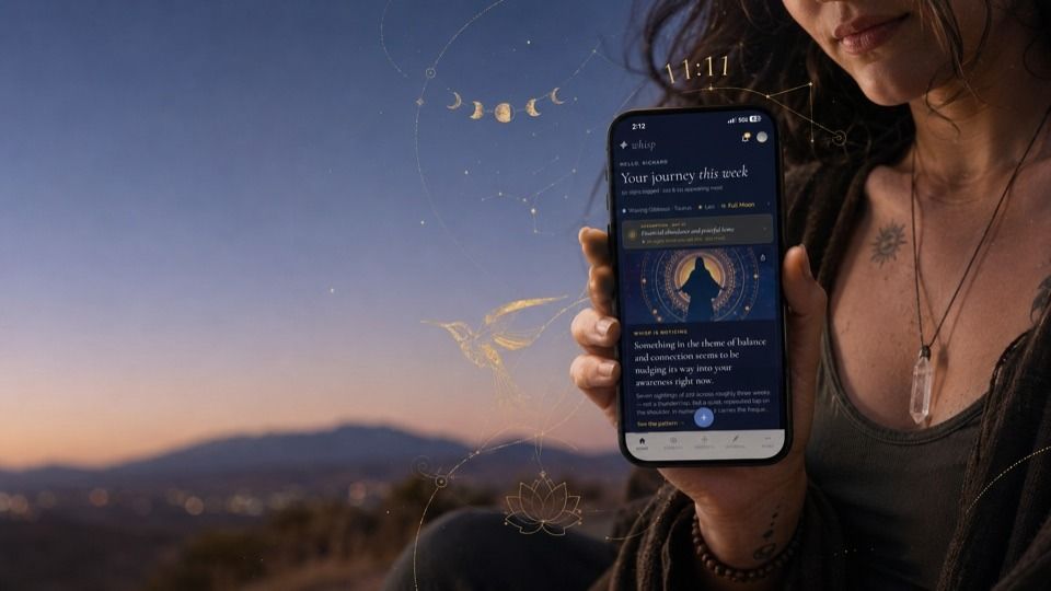 Whisp app on a phone showing “Your journey this week” with a weekly reflection.