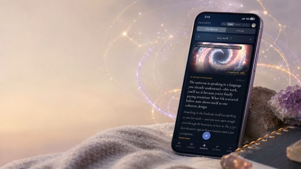 Whisp Insights screen showing the weekly Weave reading on a phone surrounded by soft light.