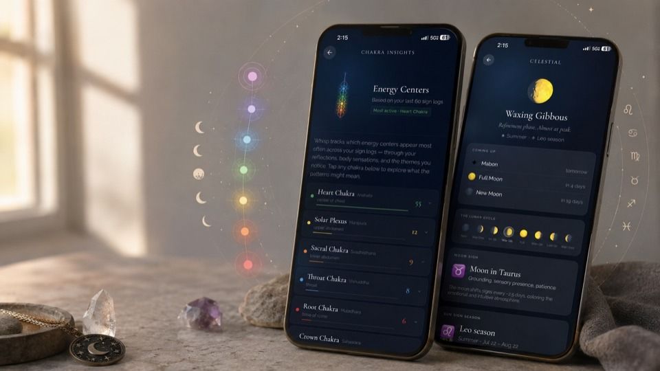 Two Whisp screens: Energy Centers insights and a celestial moon-phase view.