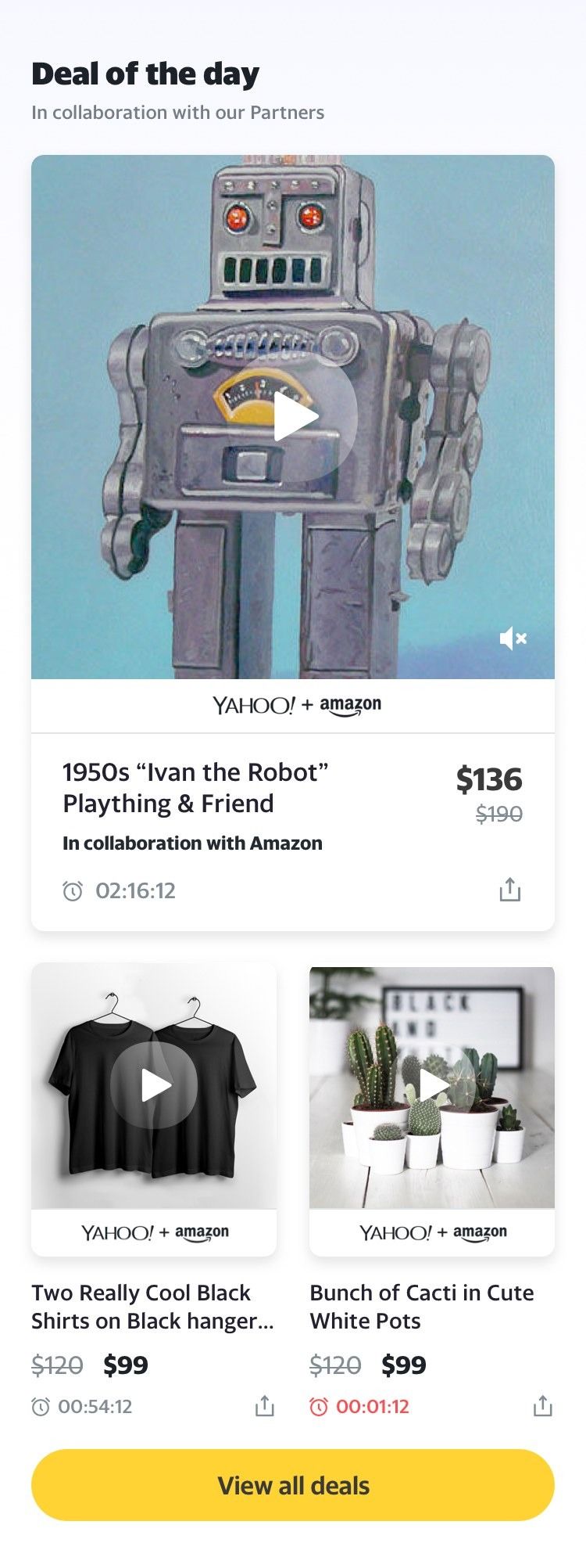 Yahoo Deal of the Day stream on a phone — a featured product video, price, countdown and two smaller deals.