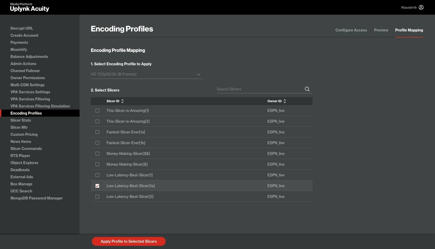 Encoding profile mapping: select a profile and apply it to selected slicers.