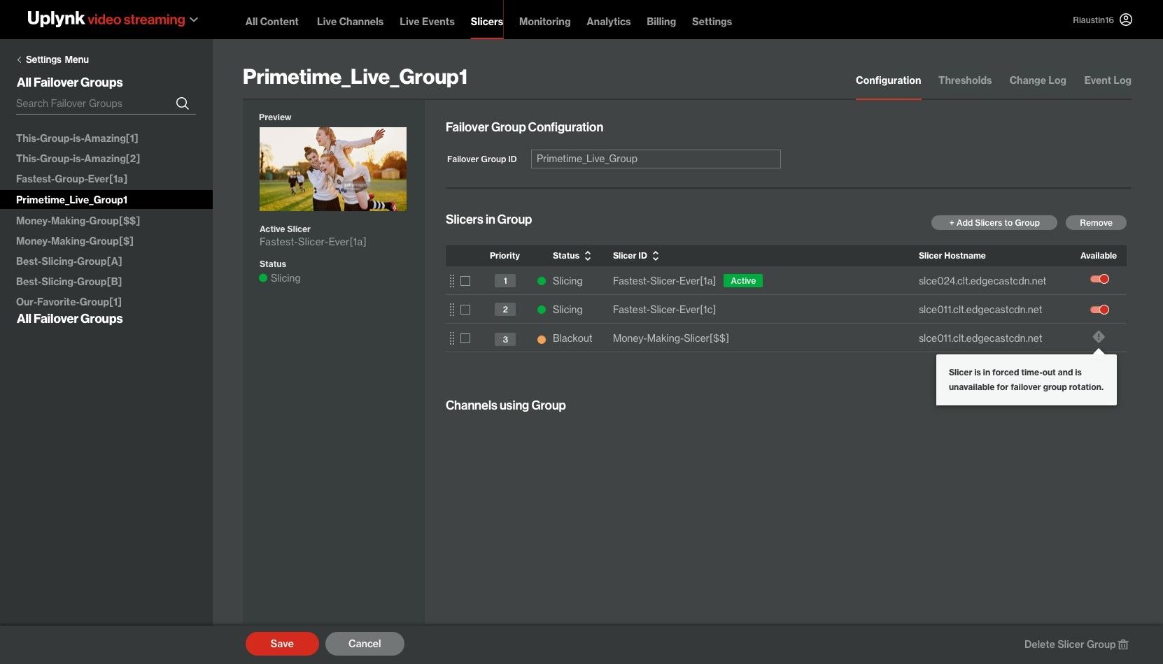 Failover group configuration with prioritized slicers, their status and an availability toggle.