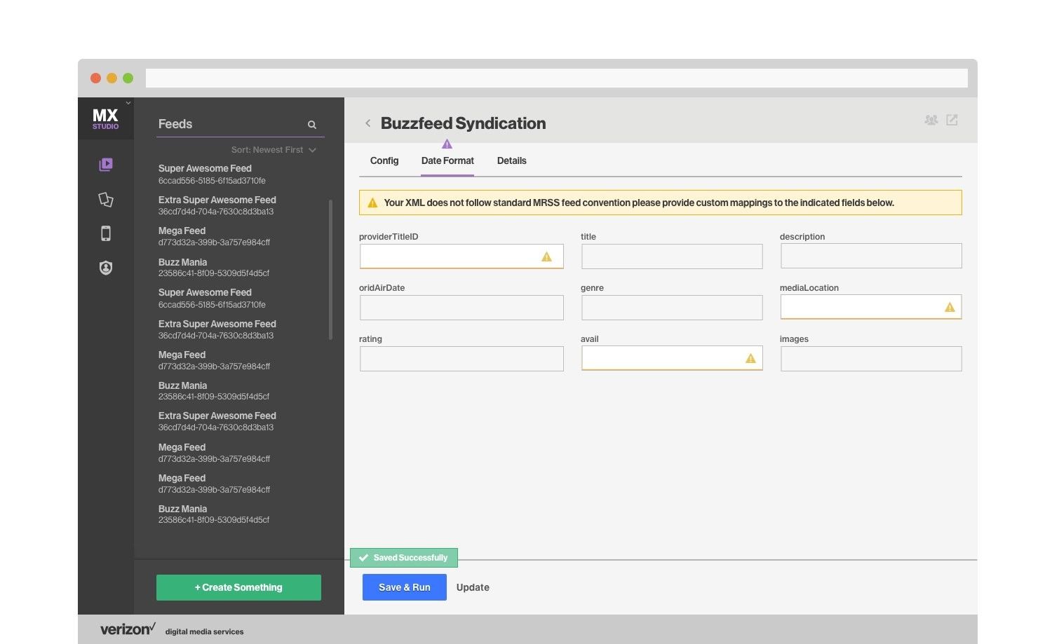 MX Studio feed configuration for a Buzzfeed syndication feed, warning that the XML does not follow MRSS conventions and asking for field mappings.