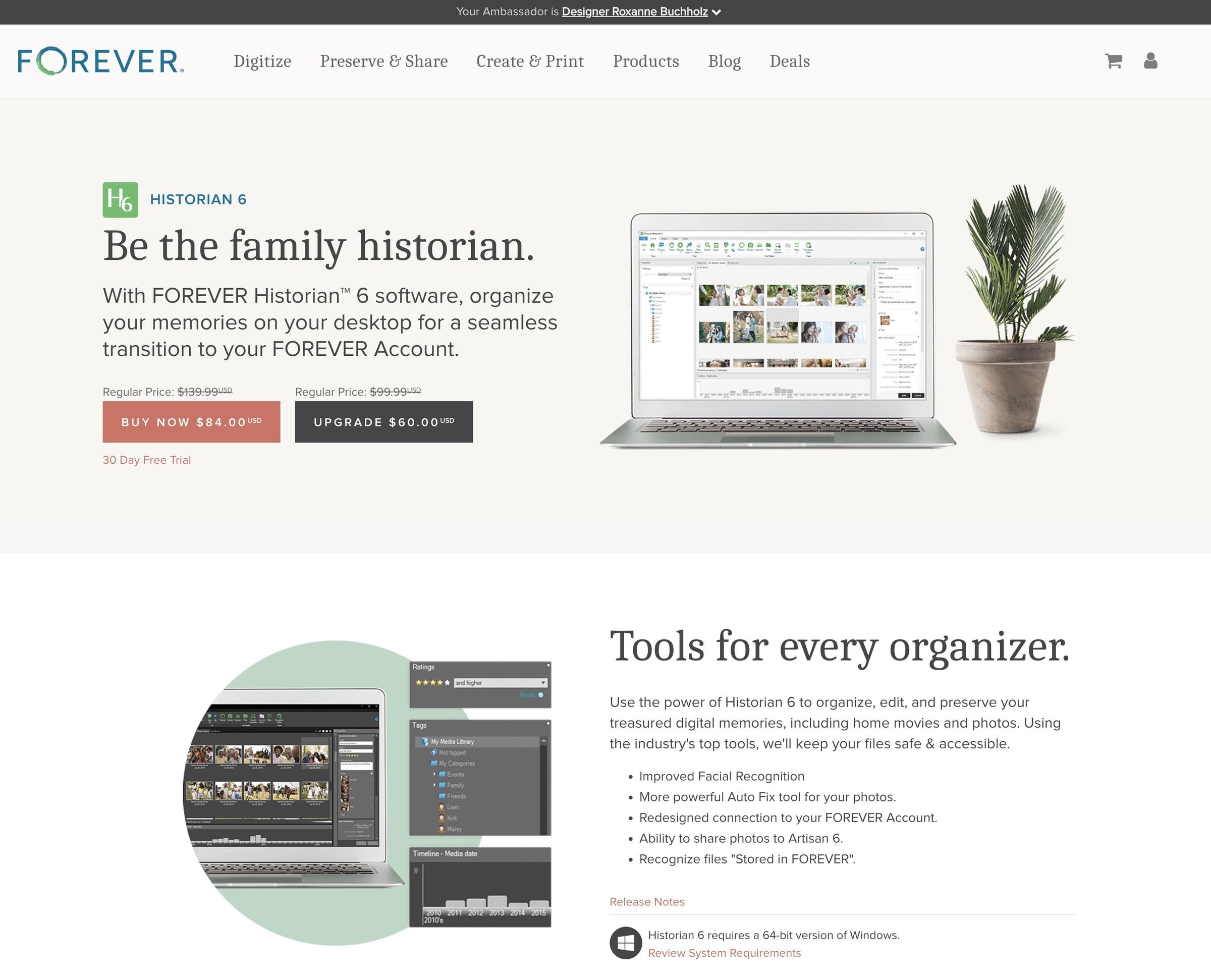 Historian 6 landing page: “Be the family historian” with software screenshots and a “Tools for every organizer” section.