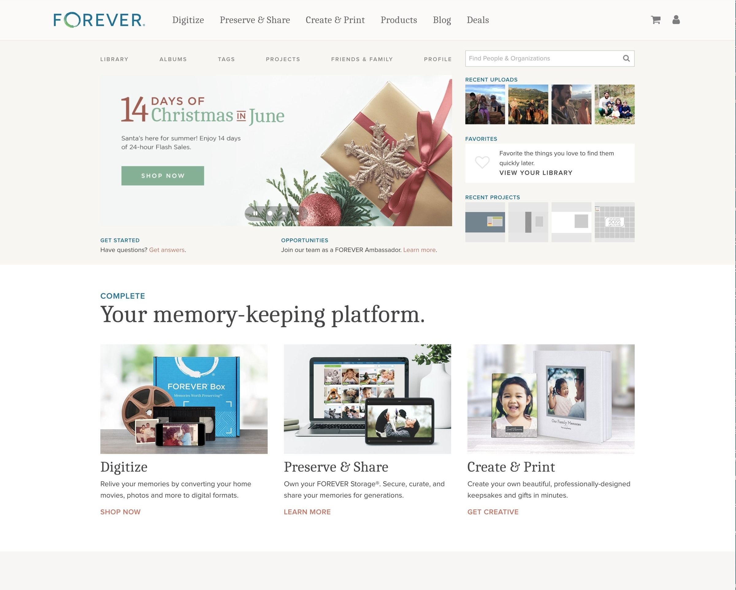 FOREVER homepage: a seasonal promotion, recent uploads and projects, and a ‘Your memory-keeping platform’ section with Digitize, Preserve & Share, and Create & Print.