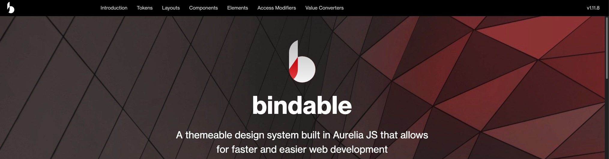 Bindable documentation home: “A themeable design system built in Aurelia JS”.