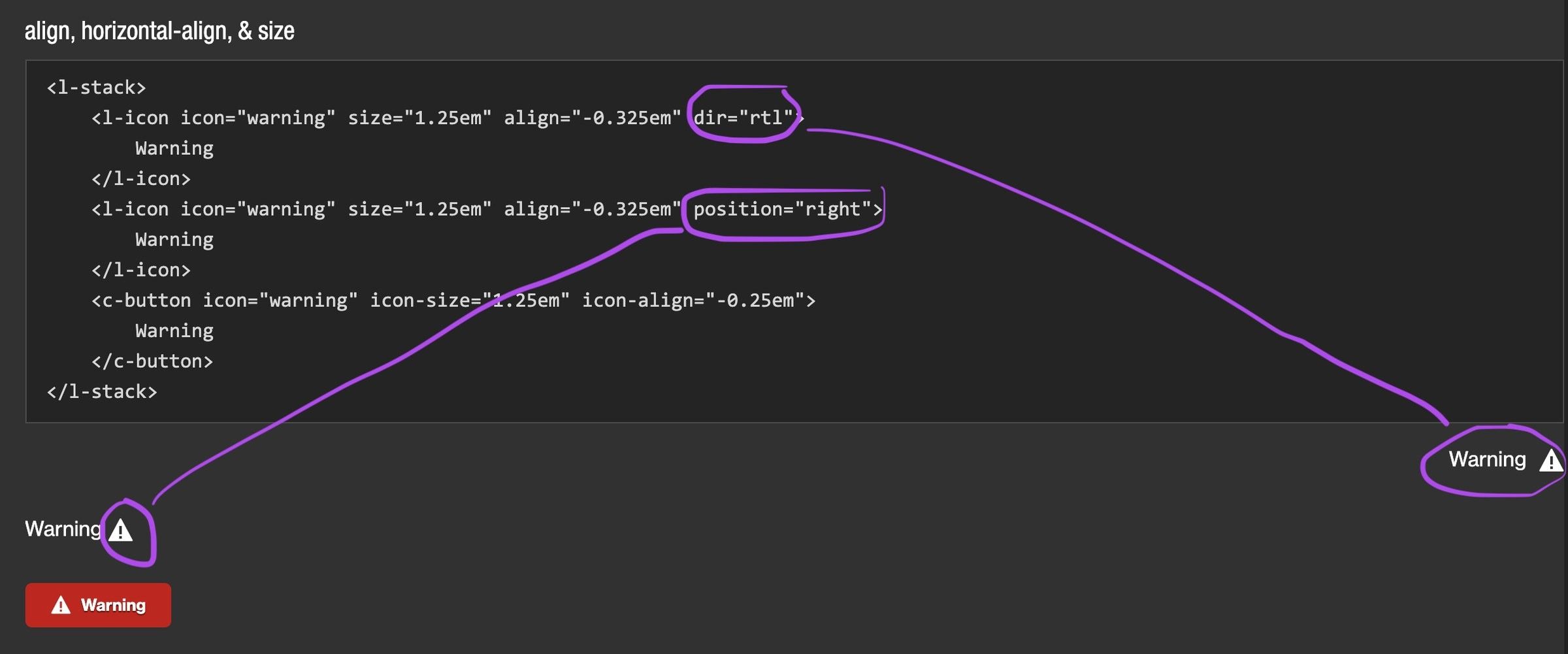Code review notes about icon alignment and size attributes in Bindable, with the rendered warning icons.