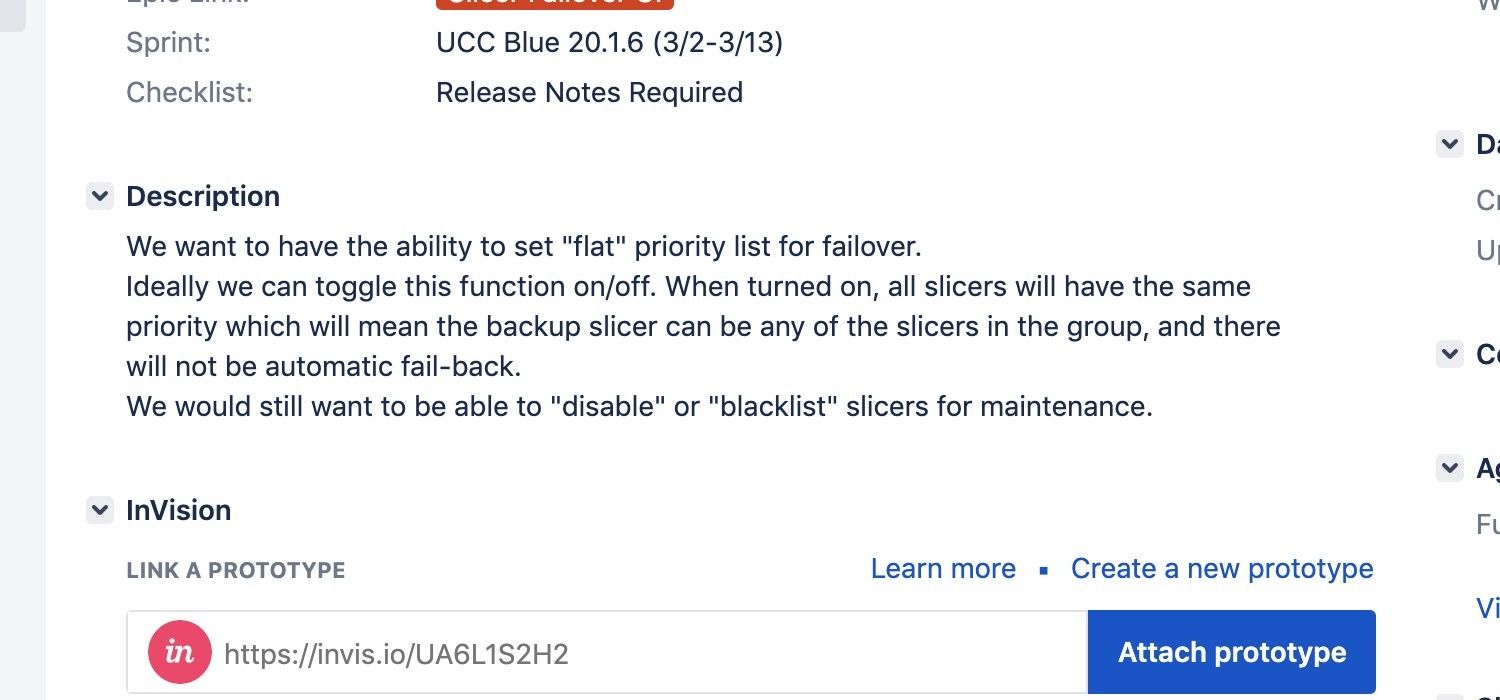 Jira ticket describing a flat priority list for failover, with an InVision prototype attached.