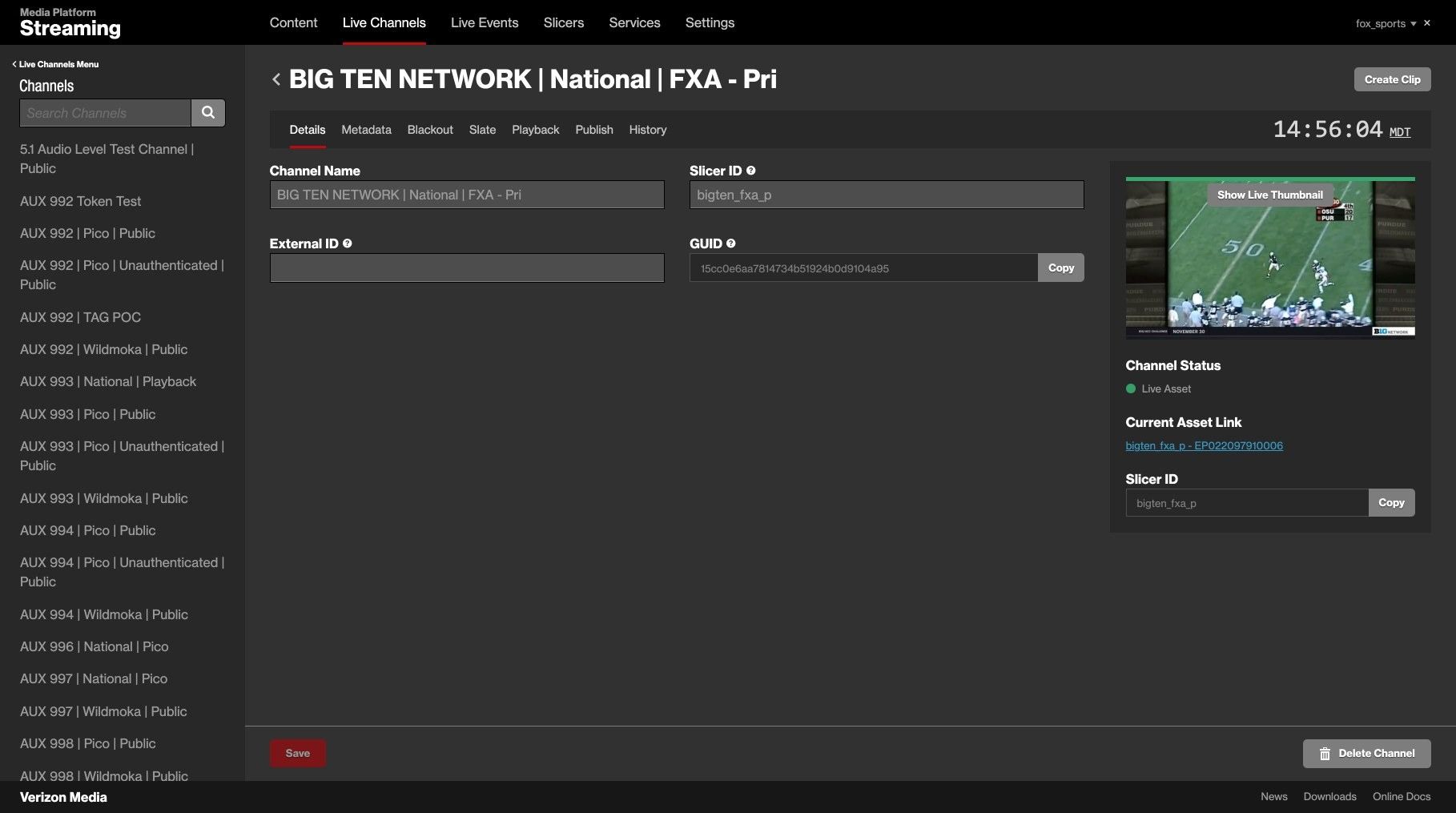 Live channel detail for BIG TEN NETWORK with tabs for details, metadata, blackout, slate, playback, publish and history, and a live preview.