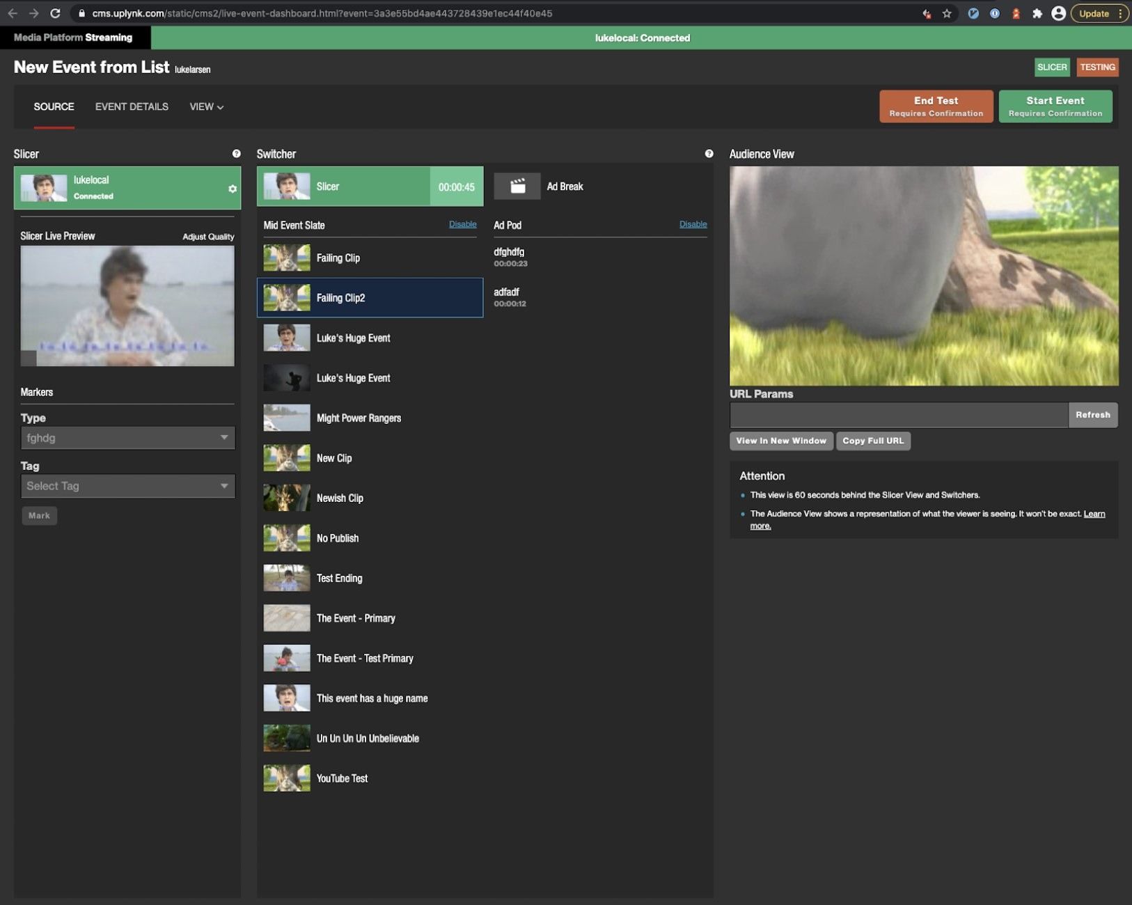 Live event dashboard with source slicer preview, switcher with ad breaks and mid-event slates, and audience view.