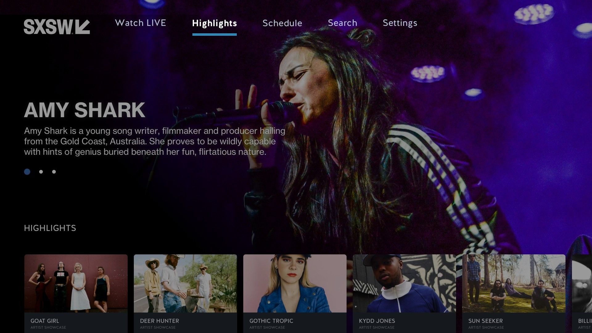 MX main navigation expanded over the home hero: Watch Live, Highlights, Schedule, Search, Settings.