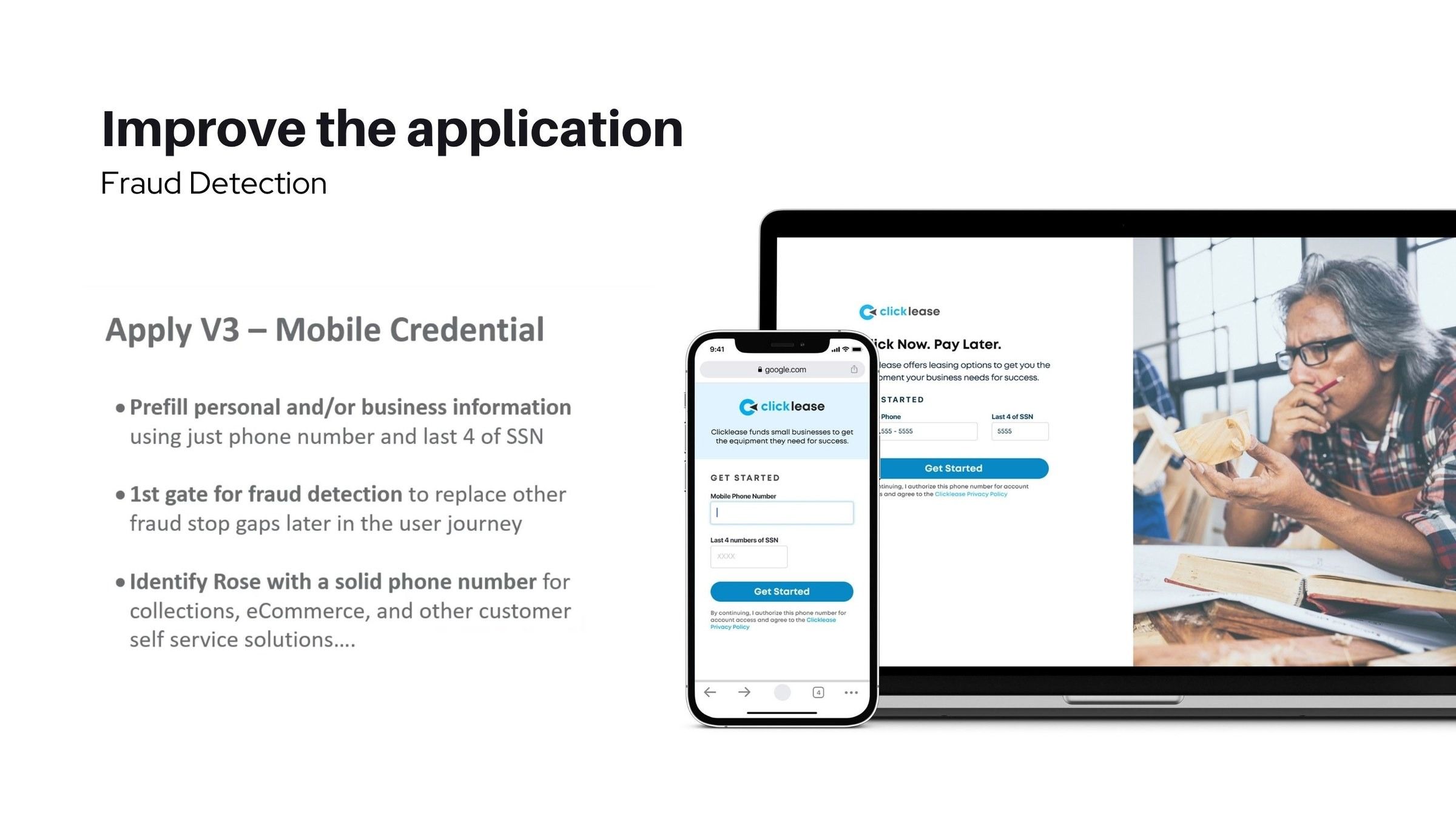 Apply V3 slide: mobile credential screen with phone number and last four of SSN, next to notes on prefill, fraud detection and identifying the customer.