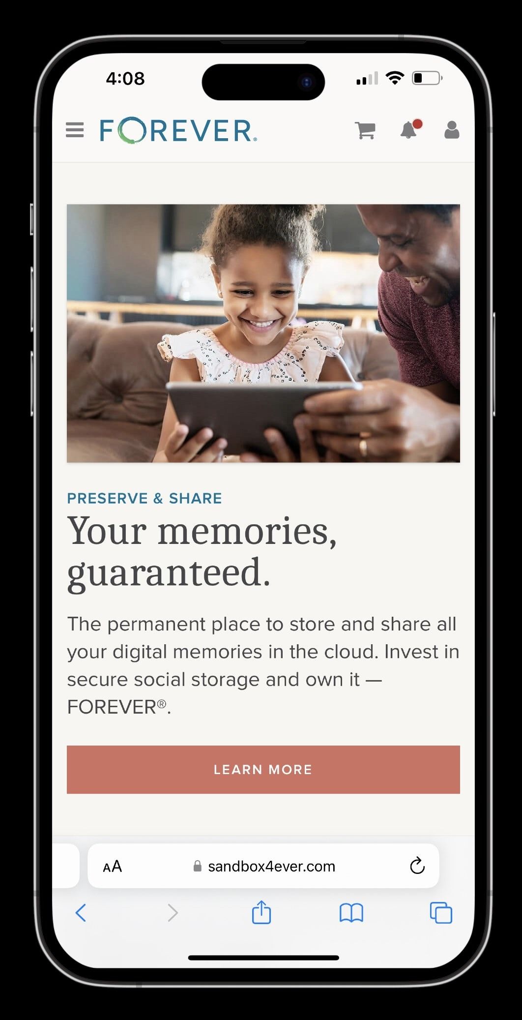 FOREVER mobile web home: “Your memories, guaranteed.” with a photo of a child and a Learn more button.