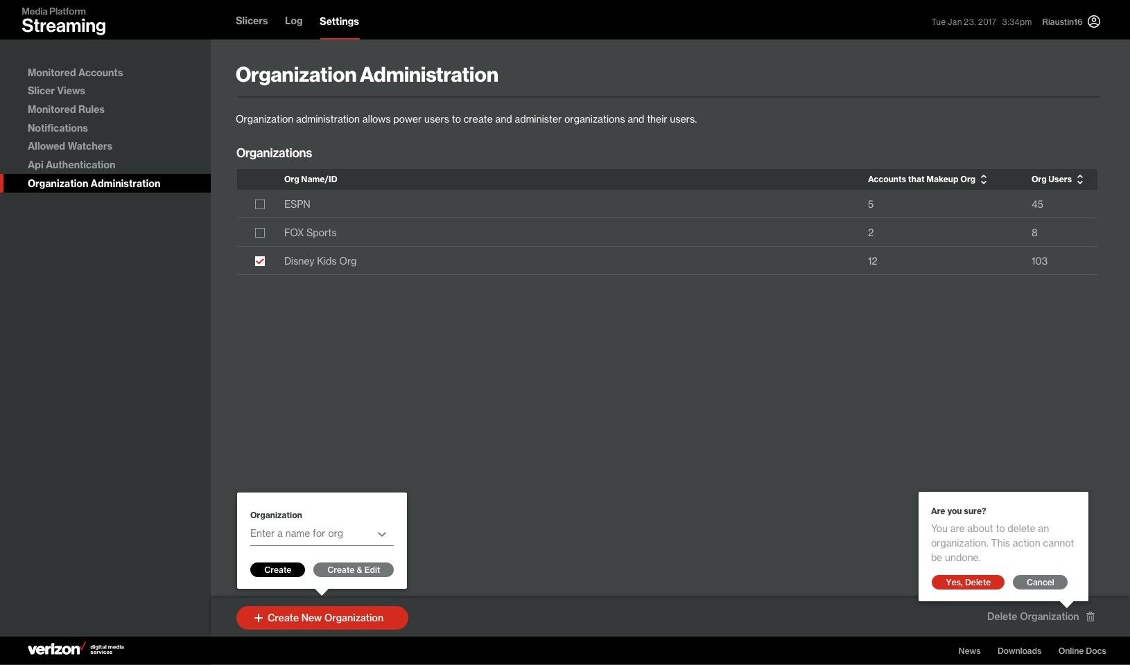 Organization administration list showing ESPN, FOX Sports and Disney Kids organizations with account and user counts.