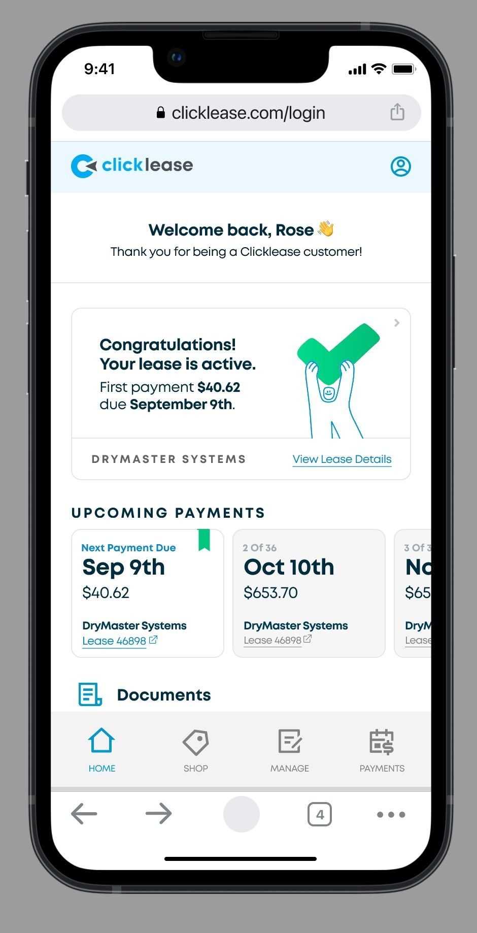 Portal home: congratulations, your lease is active, first payment date, and upcoming payments.
