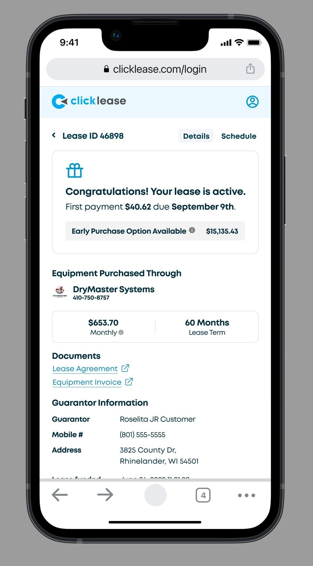 Lease detail: early purchase option, equipment purchased through the seller, monthly amount and term, documents and guarantor information.
