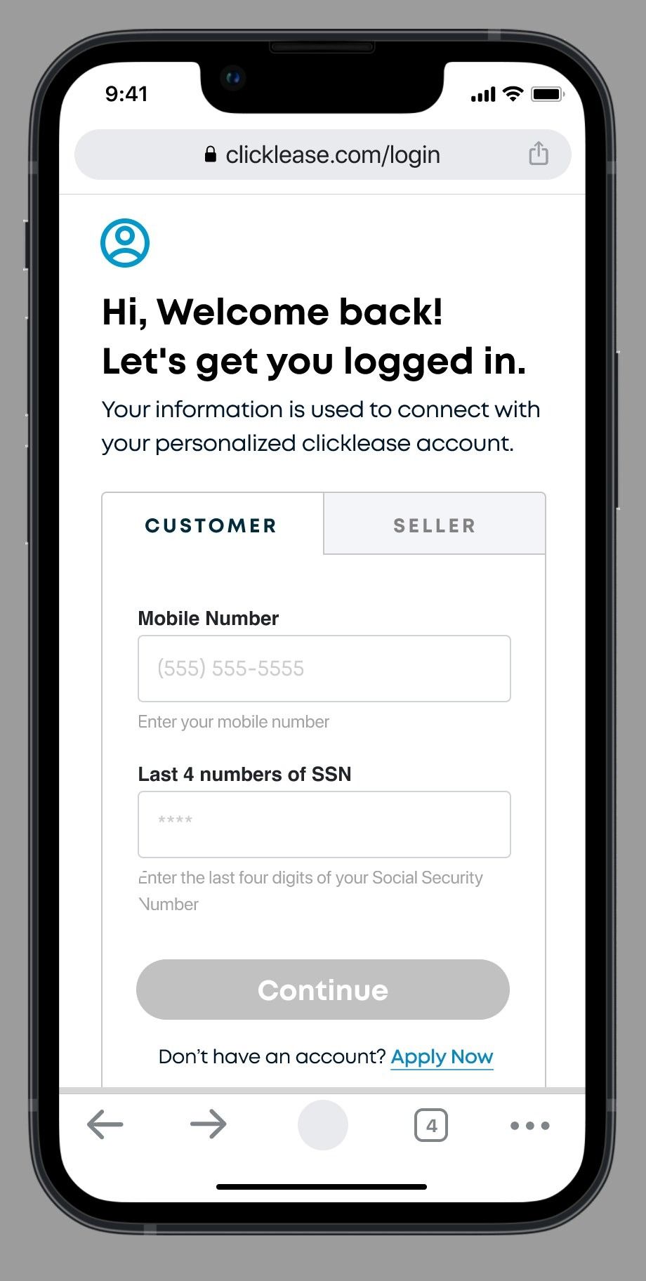Portal login: “Hi, welcome back! Let’s get you logged in” with customer and seller tabs, mobile number and last four of SSN.