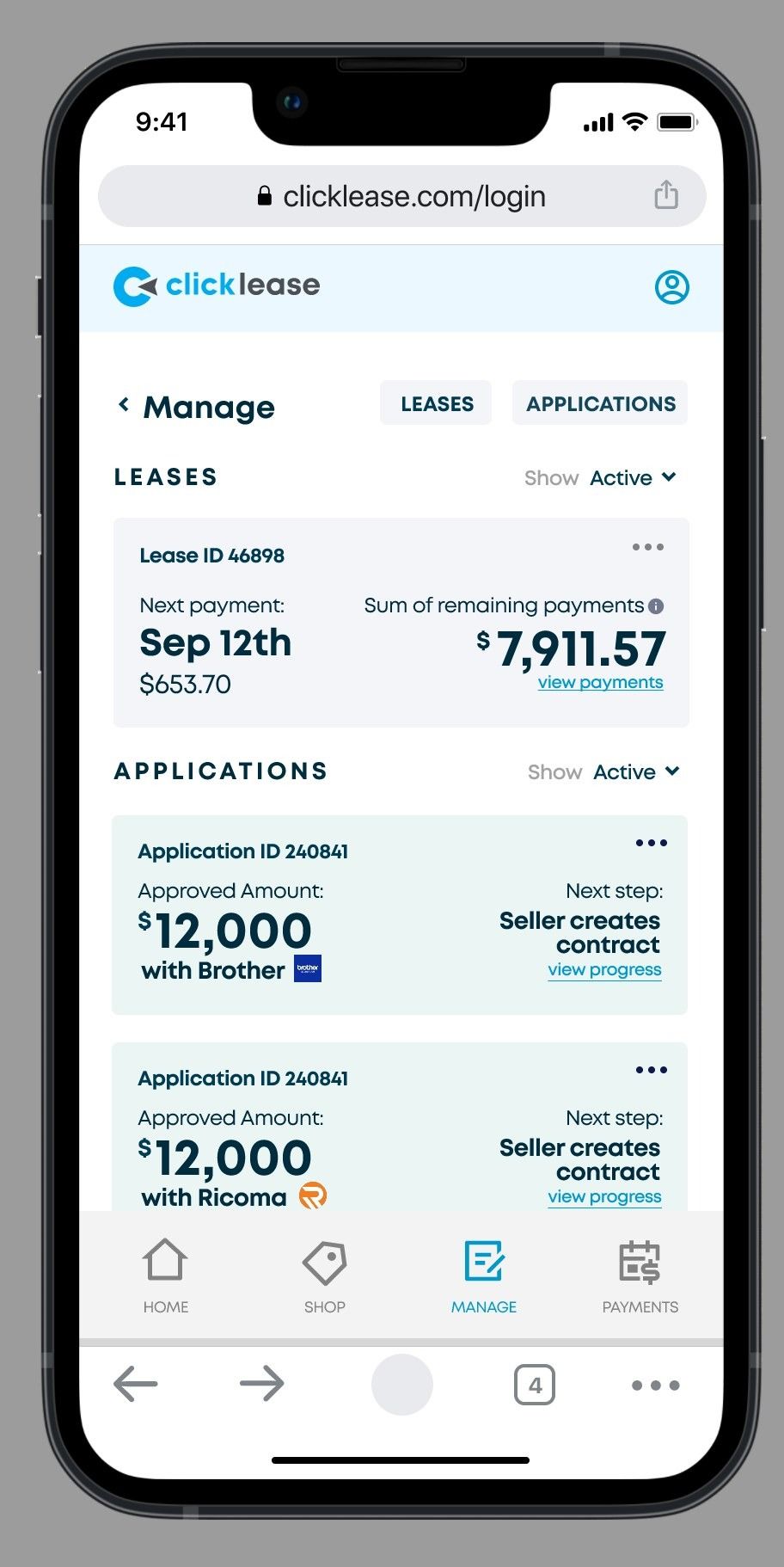 Manage screen listing active leases with next payment and remaining balance, and applications with next steps.