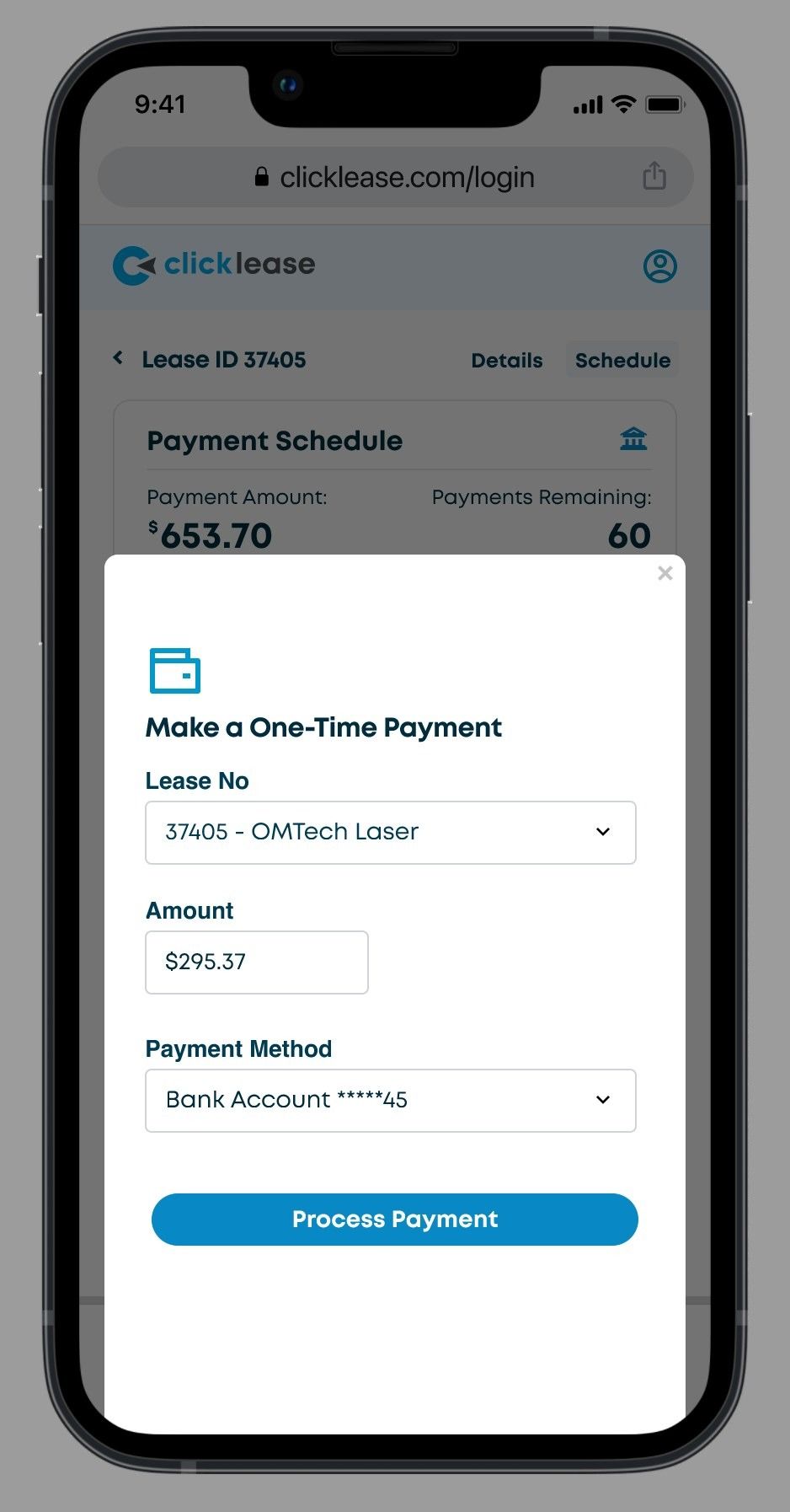 Make a one-time payment sheet with lease, amount and payment method.