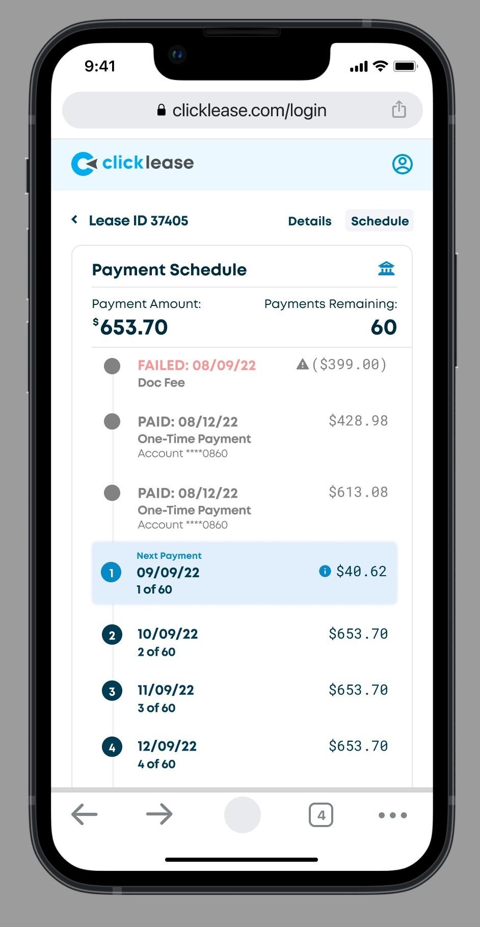 Payment schedule: payment amount, payments remaining, a failed payment flagged, and upcoming payments.