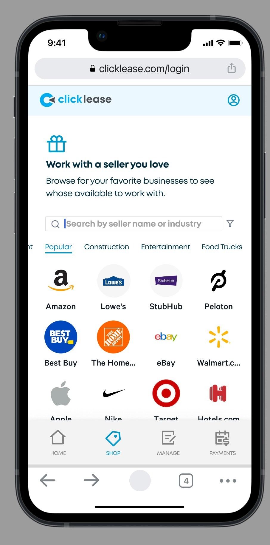 Shop screen: work with a seller you love, with logos of partner sellers like Amazon, Best Buy and The Home Depot.