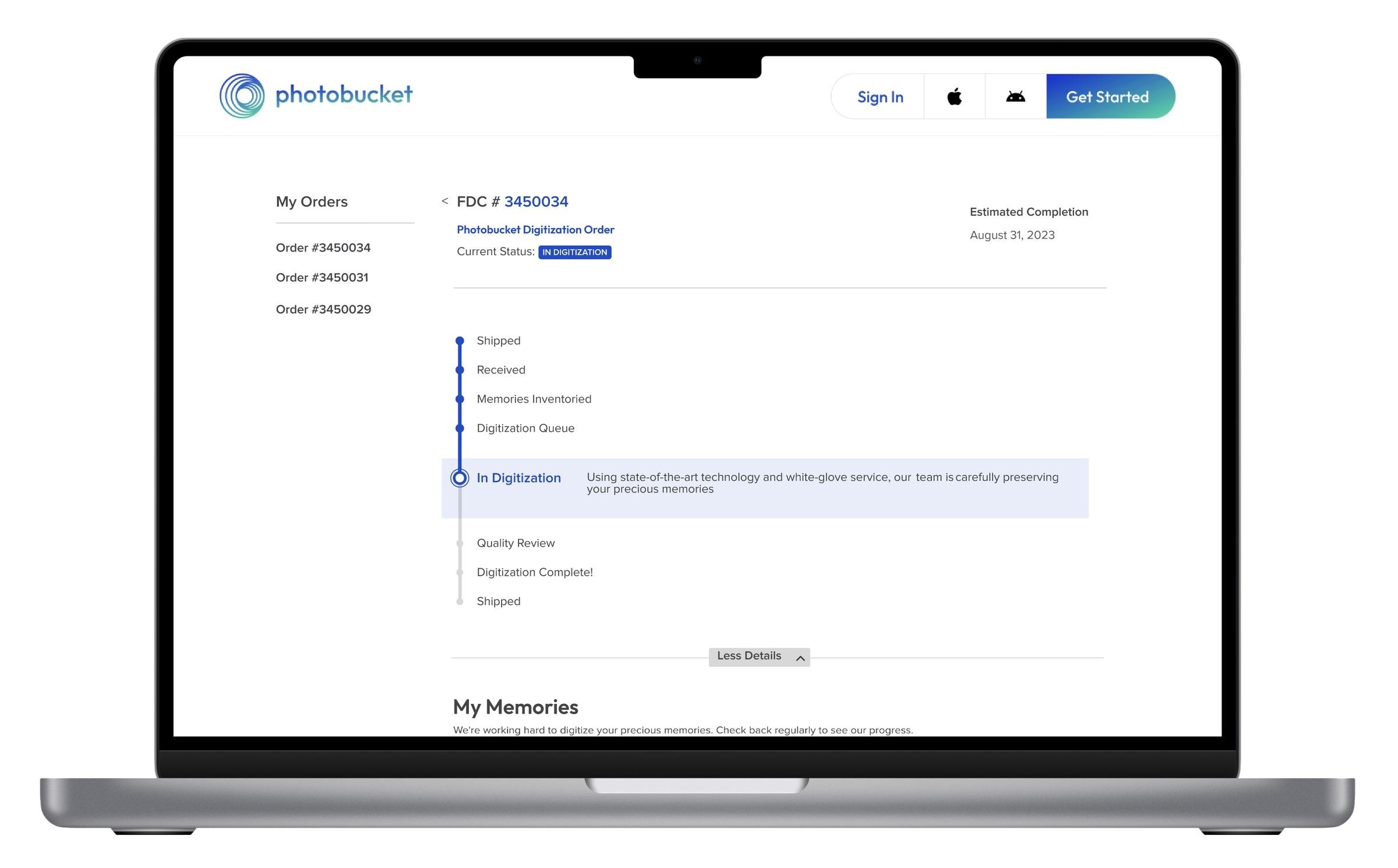 Photobucket digitization order page on a laptop: a list of orders, an order status timeline (shipped, received, memories inventoried, digitization queue, in digitization, quality review, digitization complete, shipped) and an estimated completion date.