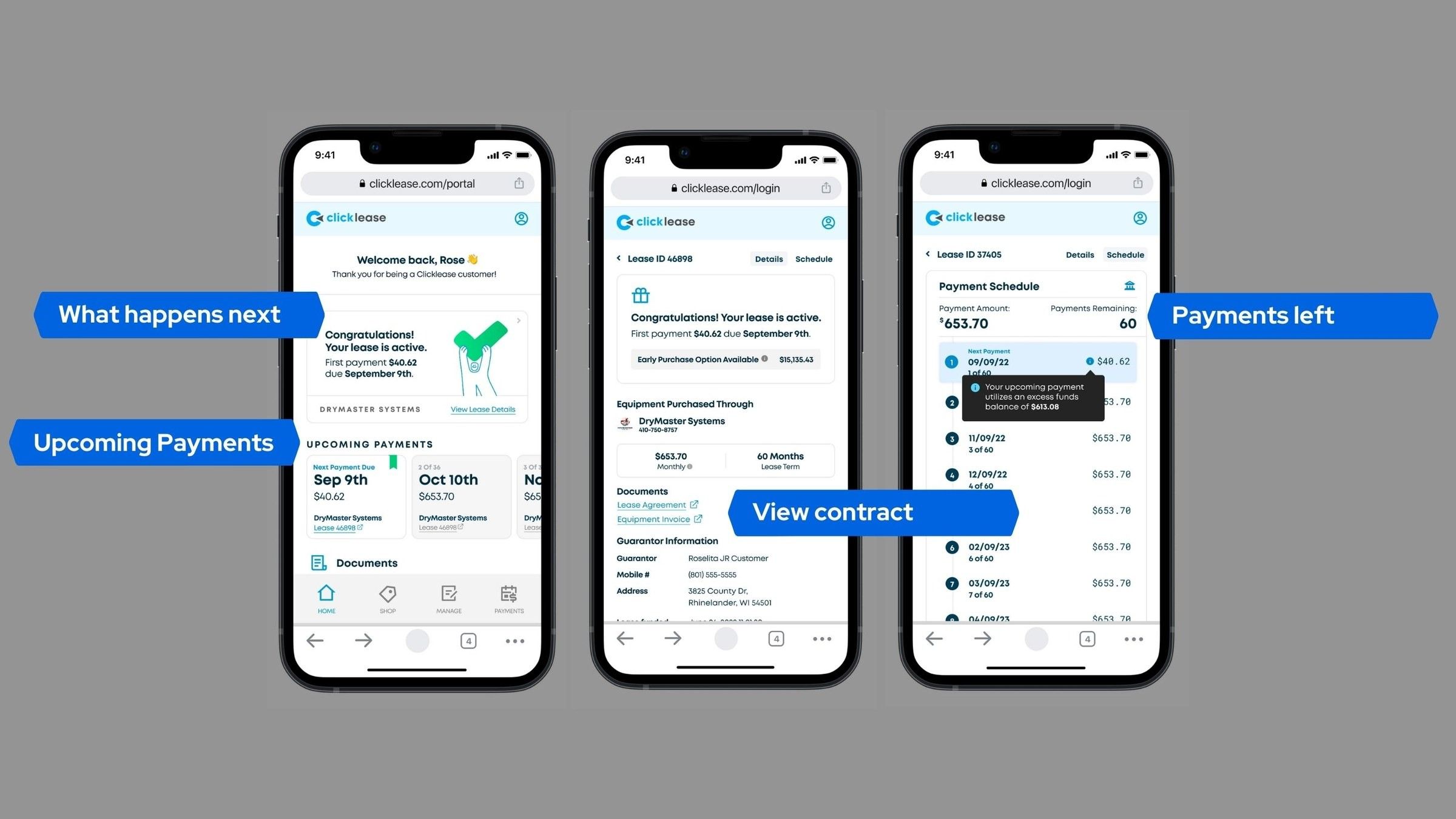 Three phone screens of the new portal, labeled ‘What happens next’, ‘Upcoming payments’, ‘View contract’ and ‘Payments left’.