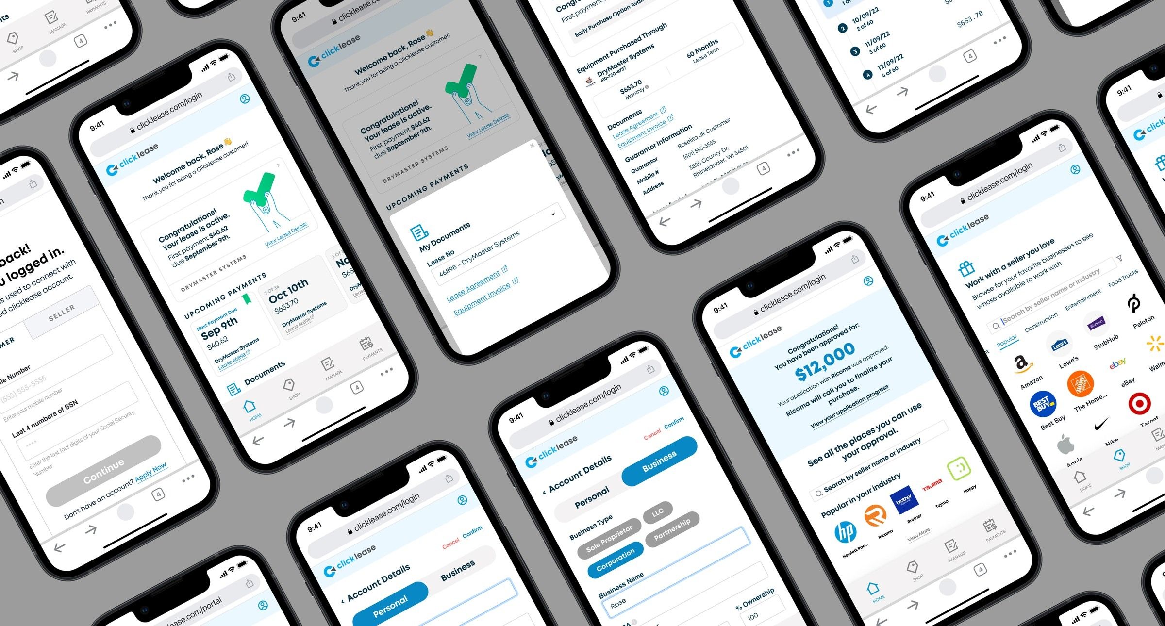 Clicklease customer portal shown across several phones: welcome screen, upcoming payments and lease details.