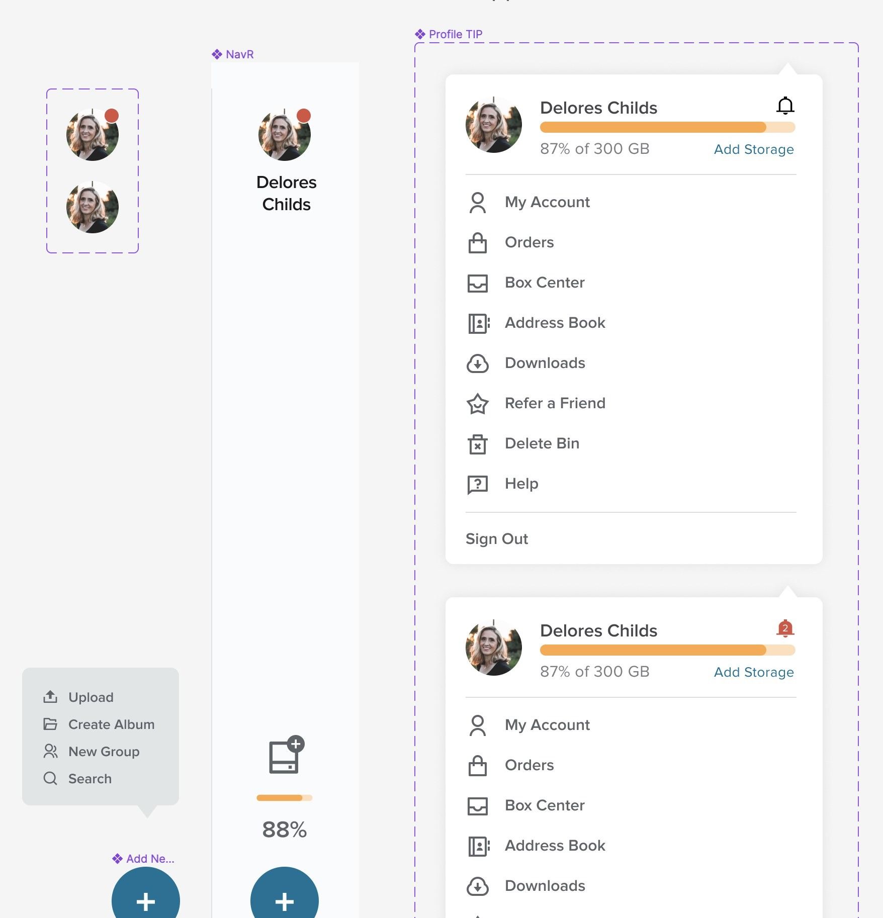 Figma frames of the account menu: collapsed avatar states, a profile panel showing 87% of 300GB used with an Add Storage link, and account links for orders, box center, address book, downloads, refer a friend, delete bin and help.
