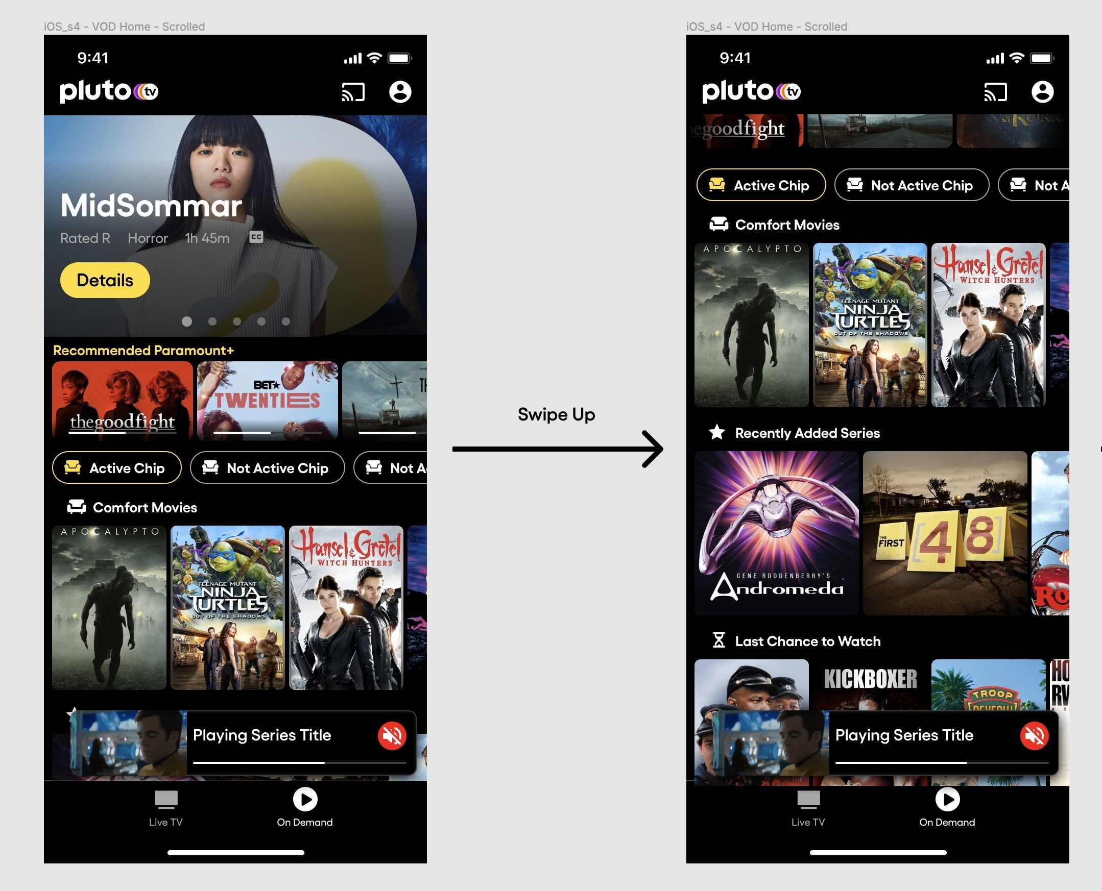 Two mobile screens: a hero for MidSommar with recommended Paramount+ titles, and a swipe-up category view.