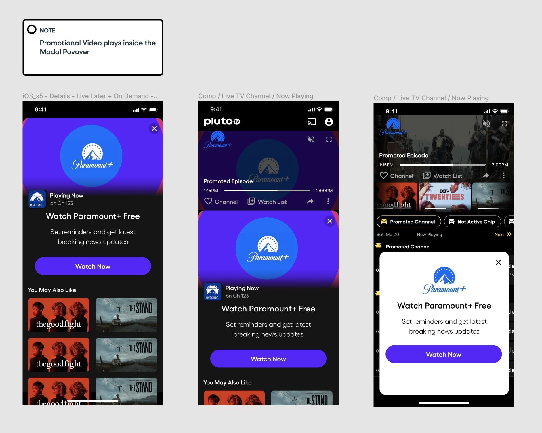 Three mobile screens showing a Paramount+ promotional modal flow: playing now, watch Paramount+ free, and a closed state.
