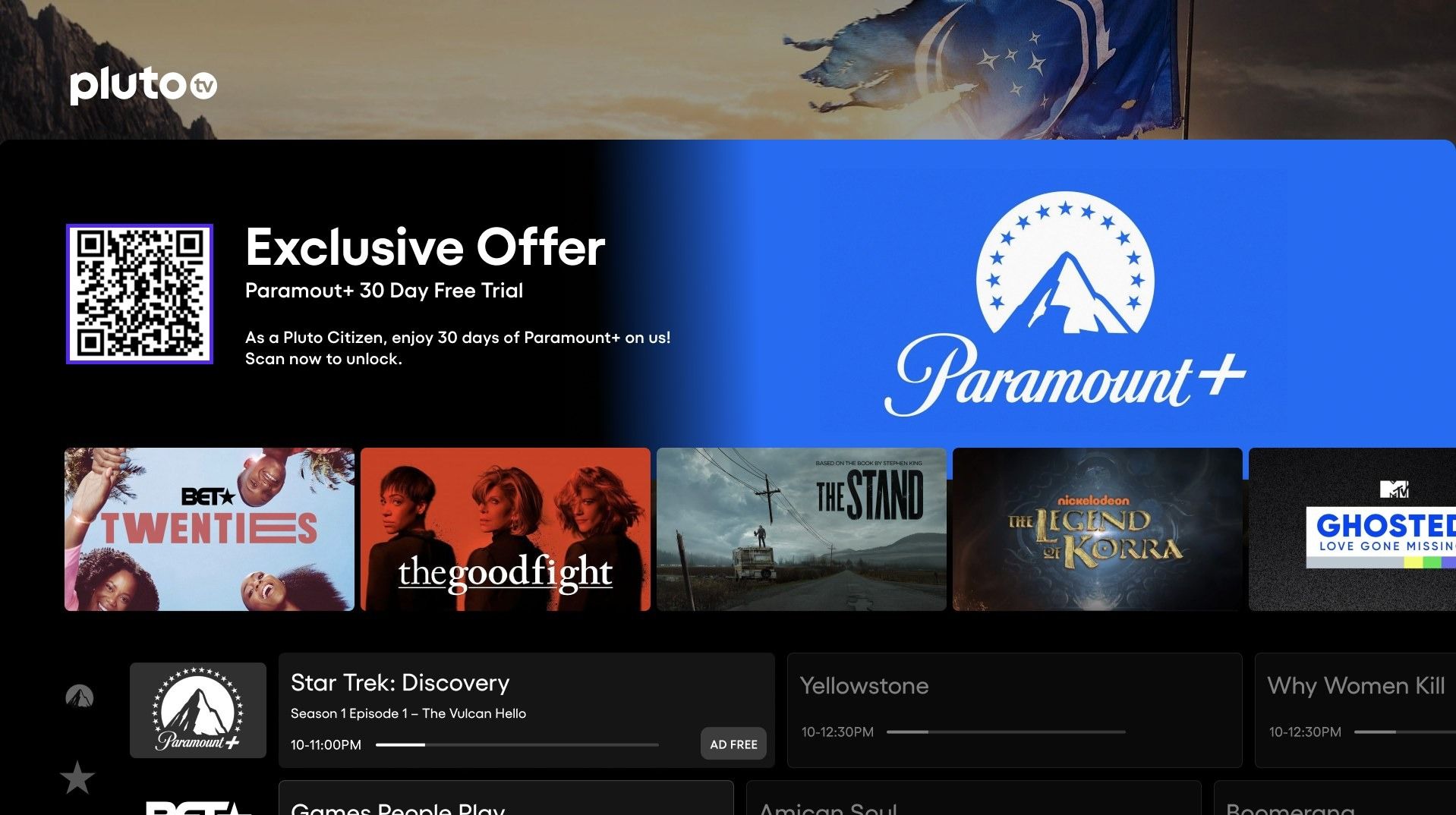 PlutoTV on TV with a Paramount+ “Exclusive Offer” billboard and QR code above rows of titles — a consumer surface driven by the internal campaign tools.