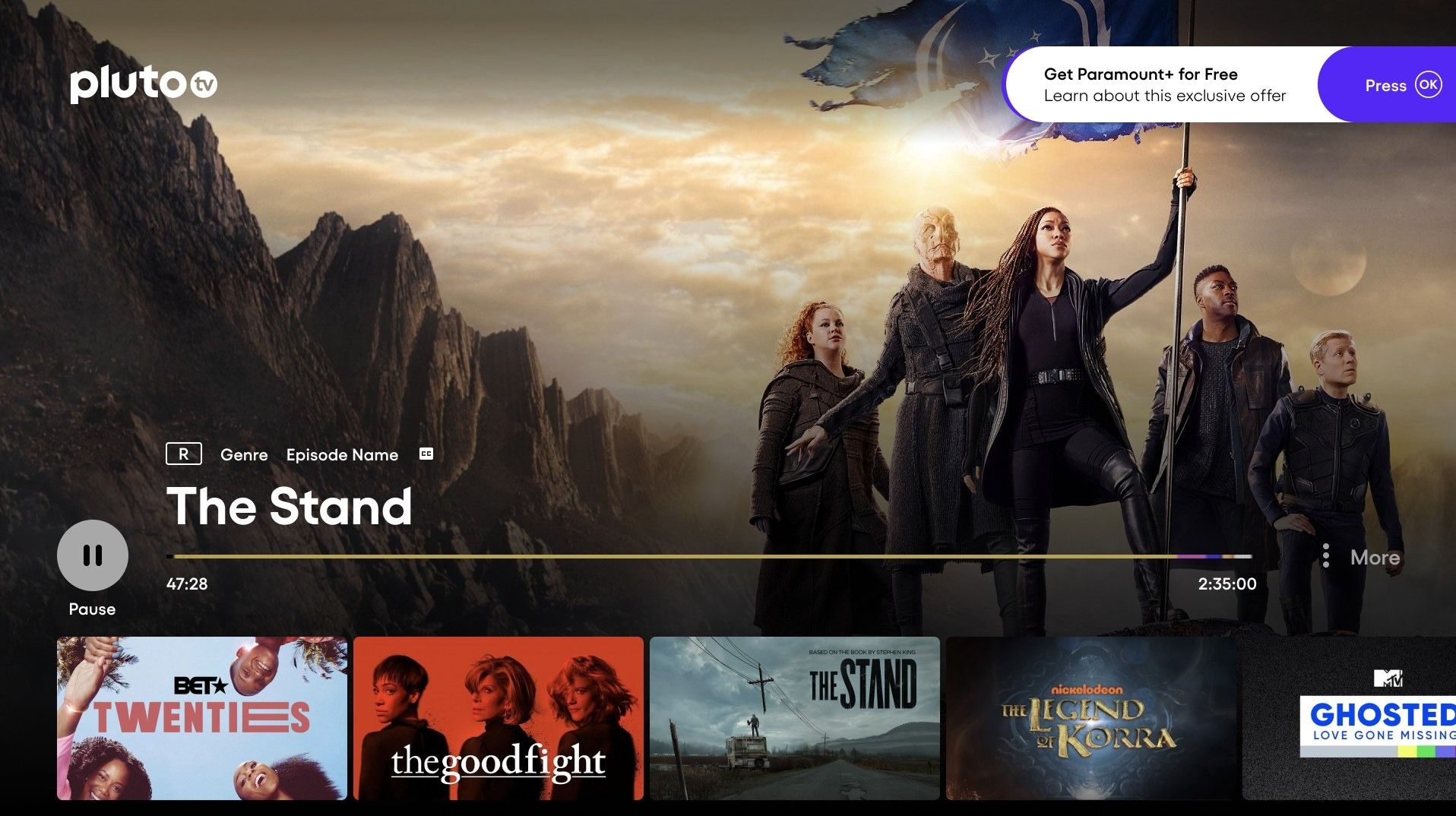 PlutoTV TV player showing The Stand with a “Get Paramount+ for free” prompt in the corner.