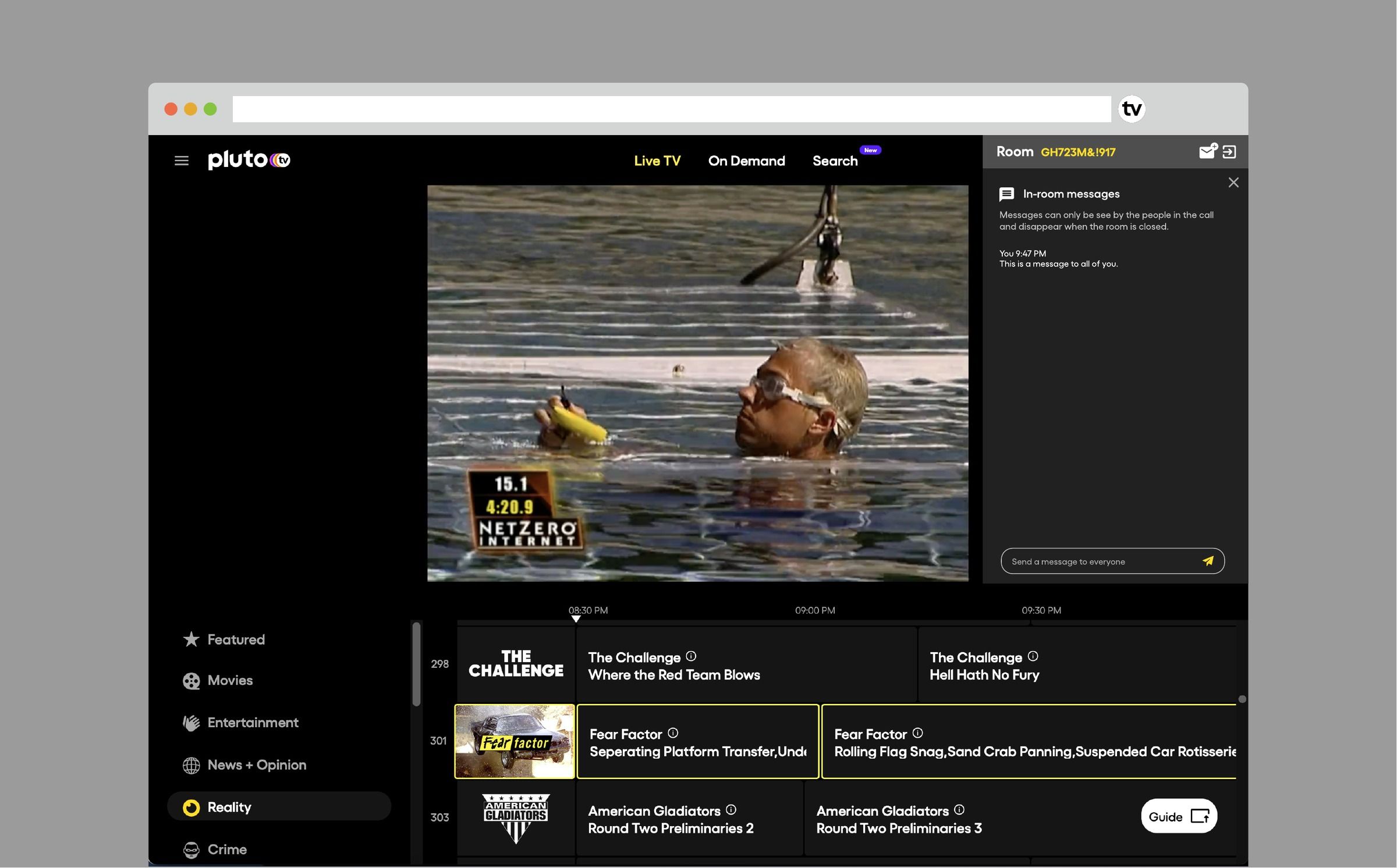 PlutoTV live TV with the Rooms chat panel open.