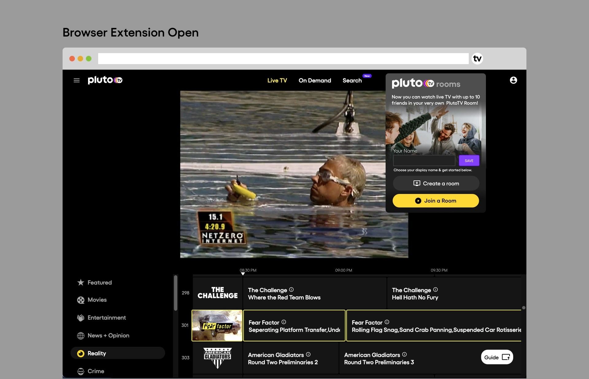 Rooms panel open over the player: “Now you can watch live TV with up to 10 friends”, with name field, create a room and join a room.